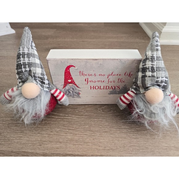 Other - Holiday Gnome Wood Sign Shelf Sitter Decor and 2 Gnomes with Bells inside